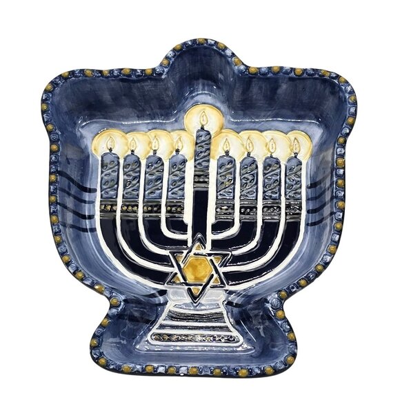 Menorah Dish By Annette Vacher Festival Of Lights Design Blue & Gold JE201 - Picture 1 of 8